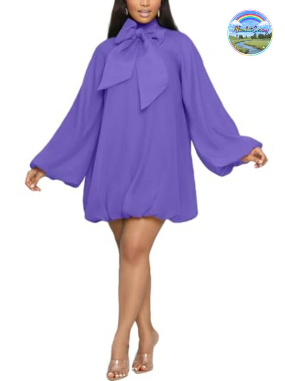 Women's Puff Sleeve Loose Chiffon A-Line Mini Dress with Bow
